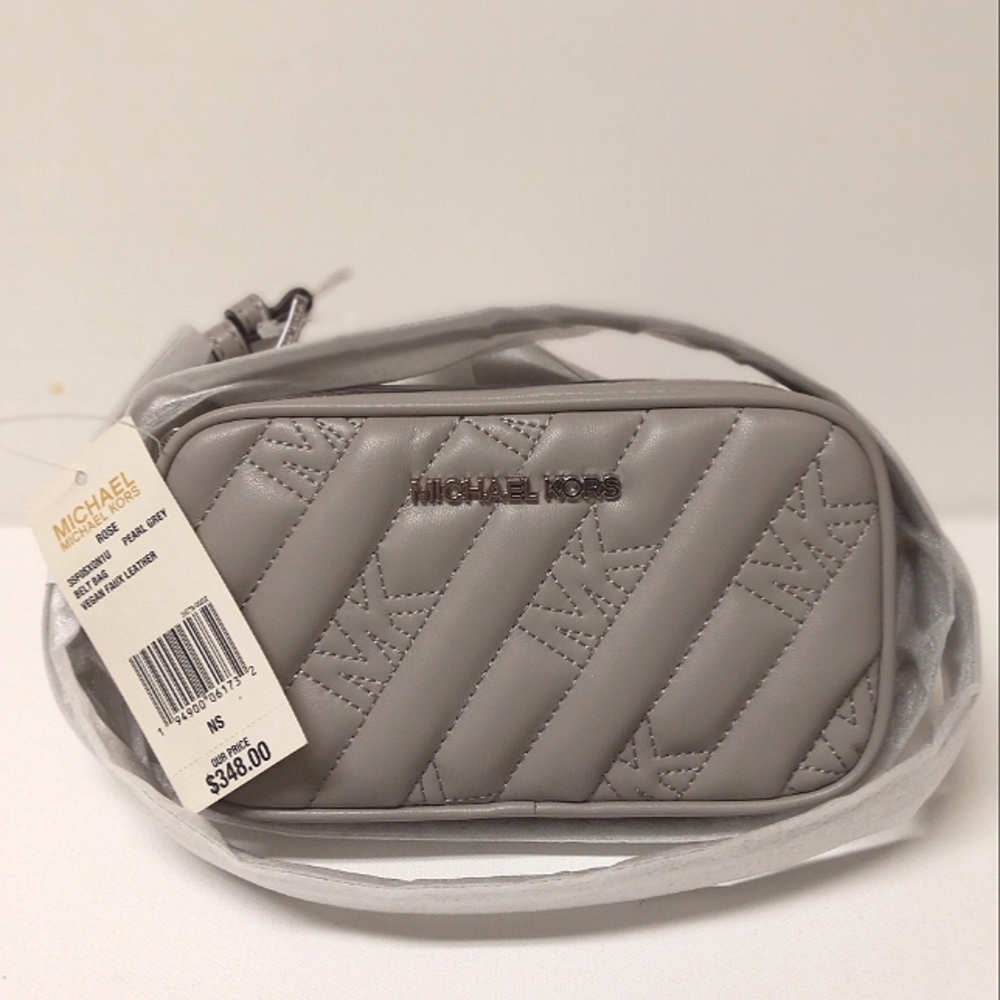 NWT MICHAEL KORS FAUX LEATHER ROSE PEARL GREY BELT BAG with. EMBROIDERY